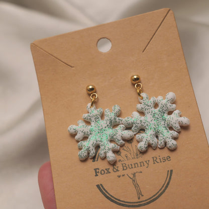 Glitter Snowflakes with Gold Ball Pin Dangle Earrings - Various Colours