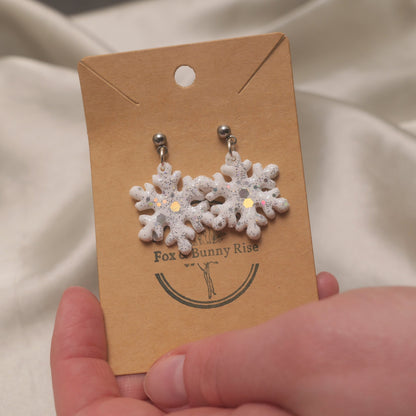 Glitter Snowflakes with Silver Ball Pin Dangle Earrings - Various Colours