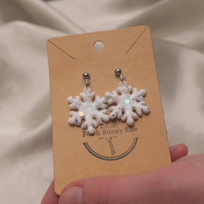 Glitter Snowflakes with Silver Ball Pin Dangle Earrings - Various Colours