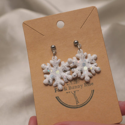 Glitter Snowflakes with Silver Ball Pin Dangle Earrings - Various Colours