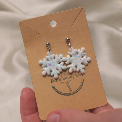 Glitter Snowflakes with Silver Ball Pin Dangle Earrings - Various Colours