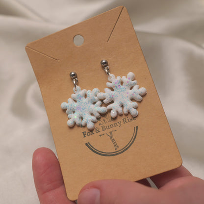 Glitter Snowflakes with Silver Ball Pin Dangle Earrings - Various Colours
