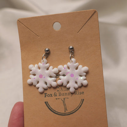 Glitter Snowflakes with Silver Ball Pin Dangle Earrings - Various Colours