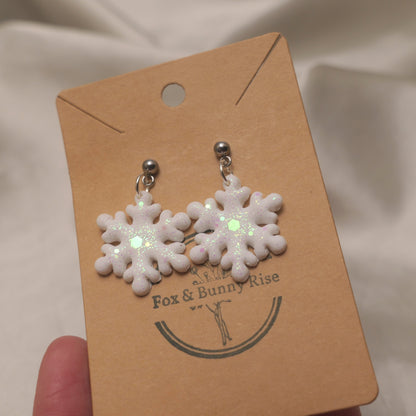 Glitter Snowflakes with Silver Ball Pin Dangle Earrings - Various Colours