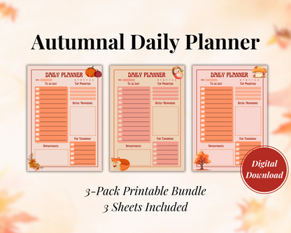 Autumnal Daily Digital Planner Bundle, Digital Download, 3 Sheets