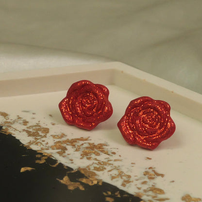 Red Glitter Rose Studs