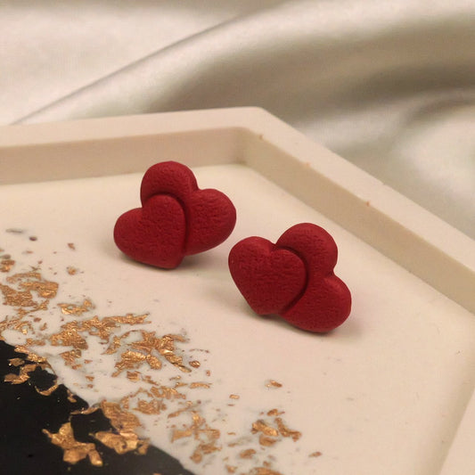 Textured Double Heart Studs - Dark Red