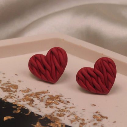 Braided Dark Red Heart Studs - Big