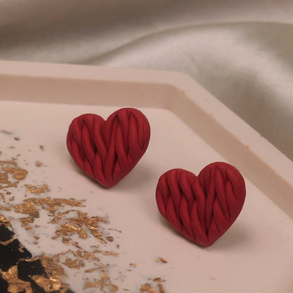 Braided Dark Red Heart Studs - Big
