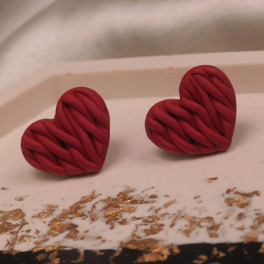 Braided Dark Red Heart Studs - Big