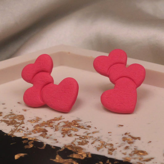 Textured Triple Heart Studs - Pink