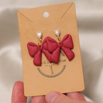 Red Shimmery Bow Dangle Earrings