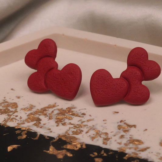 Textured Triple Heart Studs - Dark Red