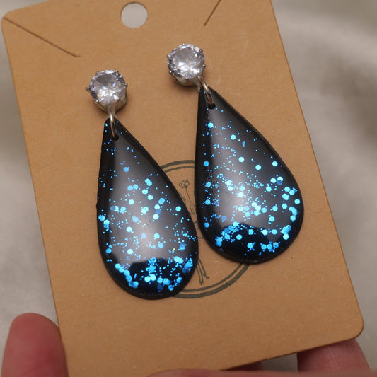 Black with Blue Glitter and Zirconia Teardrop Dangle Earrings