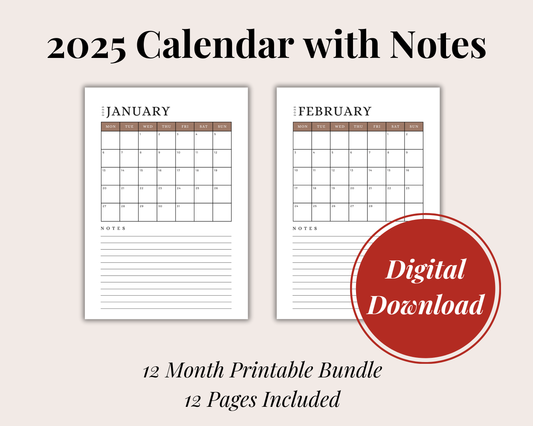 2025 Digital Printable Calendar with Notes, A4/A5 Size Digital Download, PDF Download/ Month At A Glance - Mocha Mousse