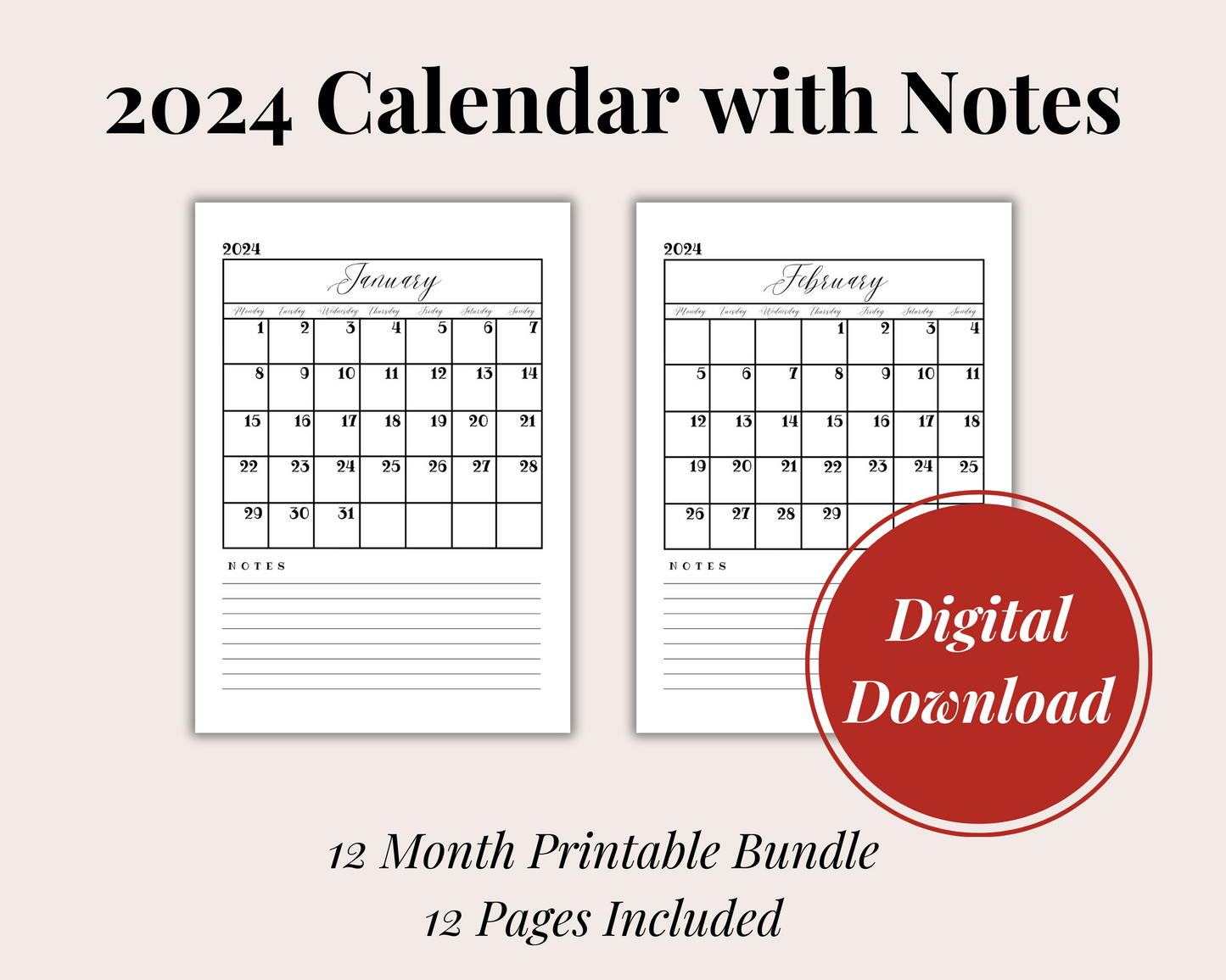 2024 Digital Printable Calendar with Notes, A4/A5 Size Digital Download, PDF Download/ Month At A Glance