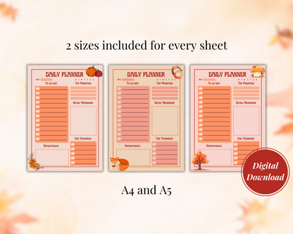 Autumnal Daily Digital Planner Bundle, Digital Download, 3 Sheets