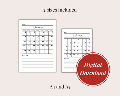 2024 Digital Printable Calendar with Notes, A4/A5 Size Digital Download, PDF Download/ Month At A Glance