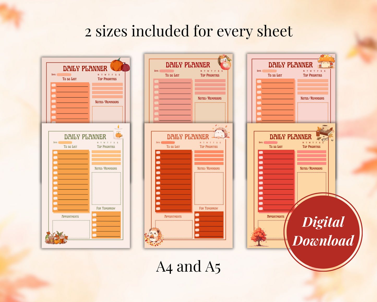 Autumnal Daily Digital Planner Bundle, Digital Download, 6 Sheets