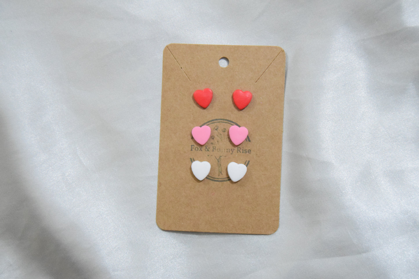 Polymer Clay Pink, Red and White Heart Stud Earrings Set