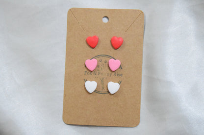 Polymer Clay Pink, Red and White Heart Stud Earrings Set