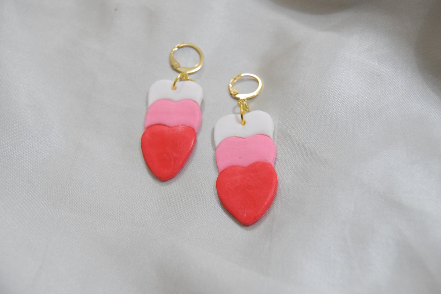Polymer Clay White, Pink and Red Dangling Heart Earrings