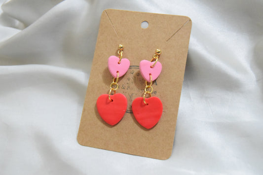 Polymer Clay Pink and Red Dangling Heart Earrings