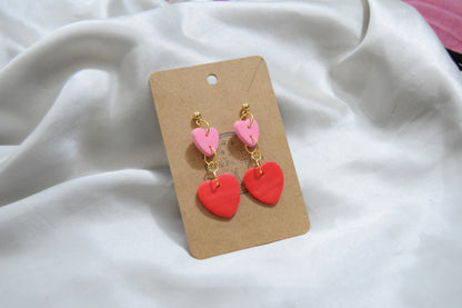 Polymer Clay Pink and Red Dangling Heart Earrings