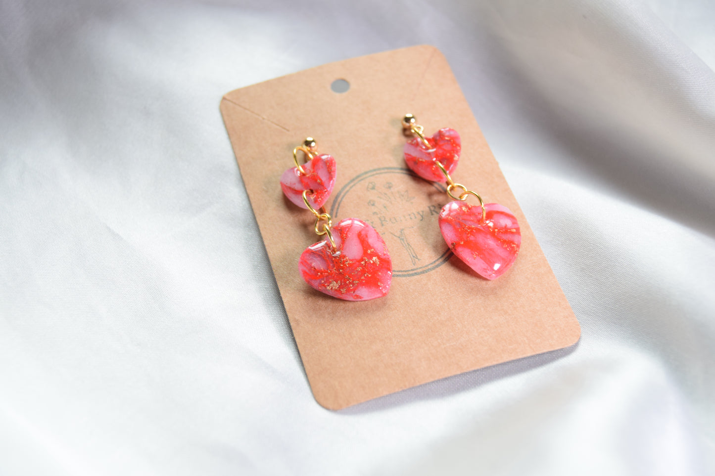 Polymer Clay Glossy Red Marble and Gold Flake Dangling Heart Earrings