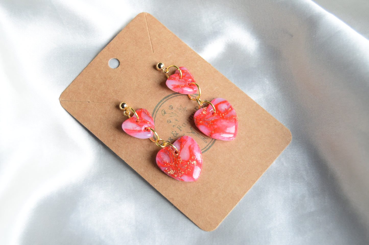 Polymer Clay Glossy Red Marble and Gold Flake Dangling Heart Earrings