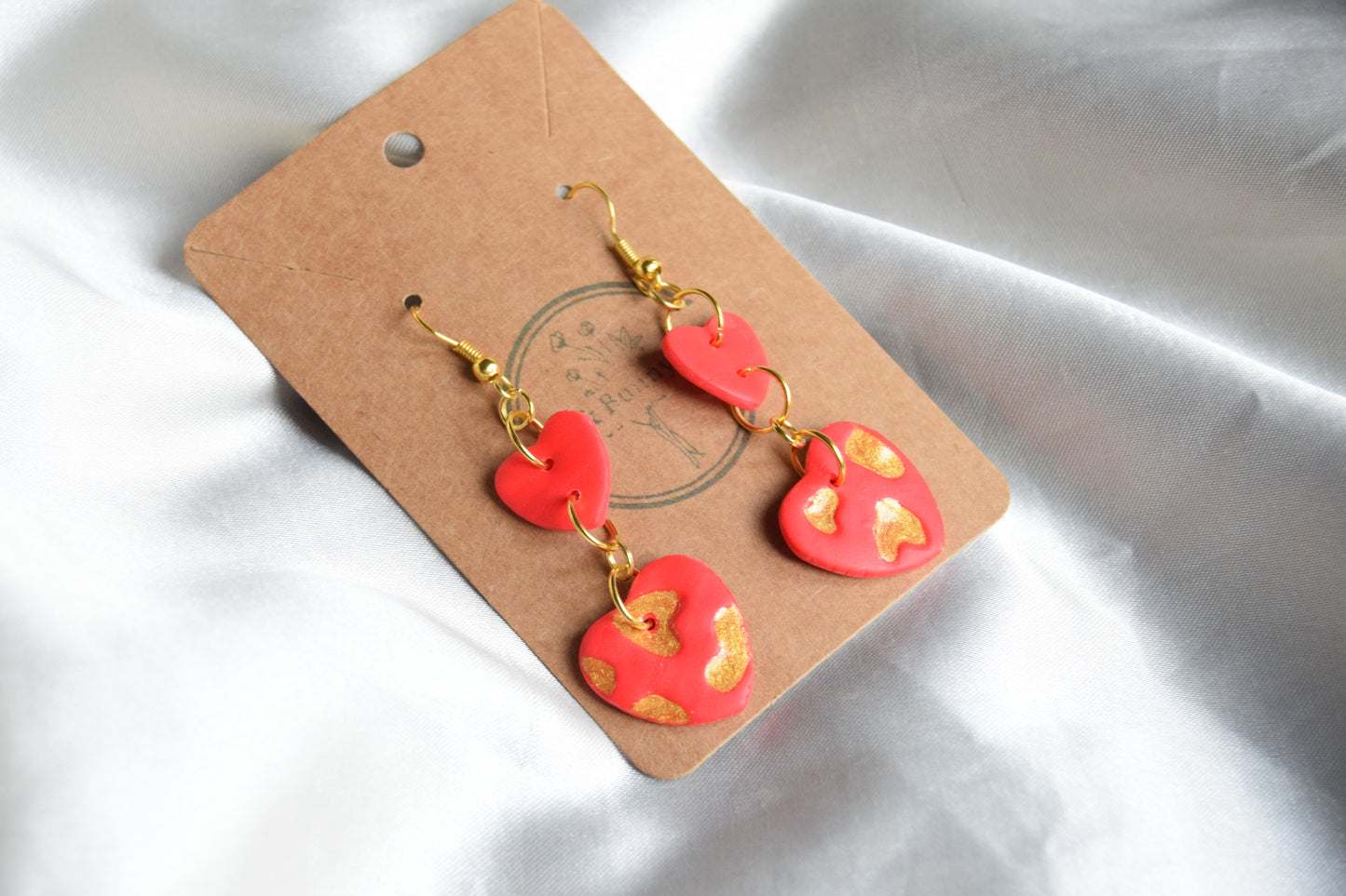 Polymer Clay Gold Glitter and Red Heart Dangling Earrings