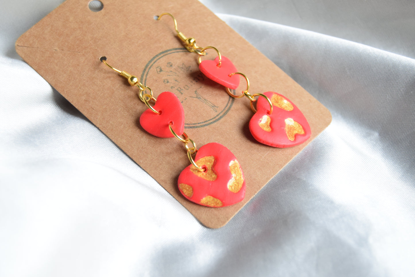 Polymer Clay Gold Glitter and Red Heart Dangling Earrings