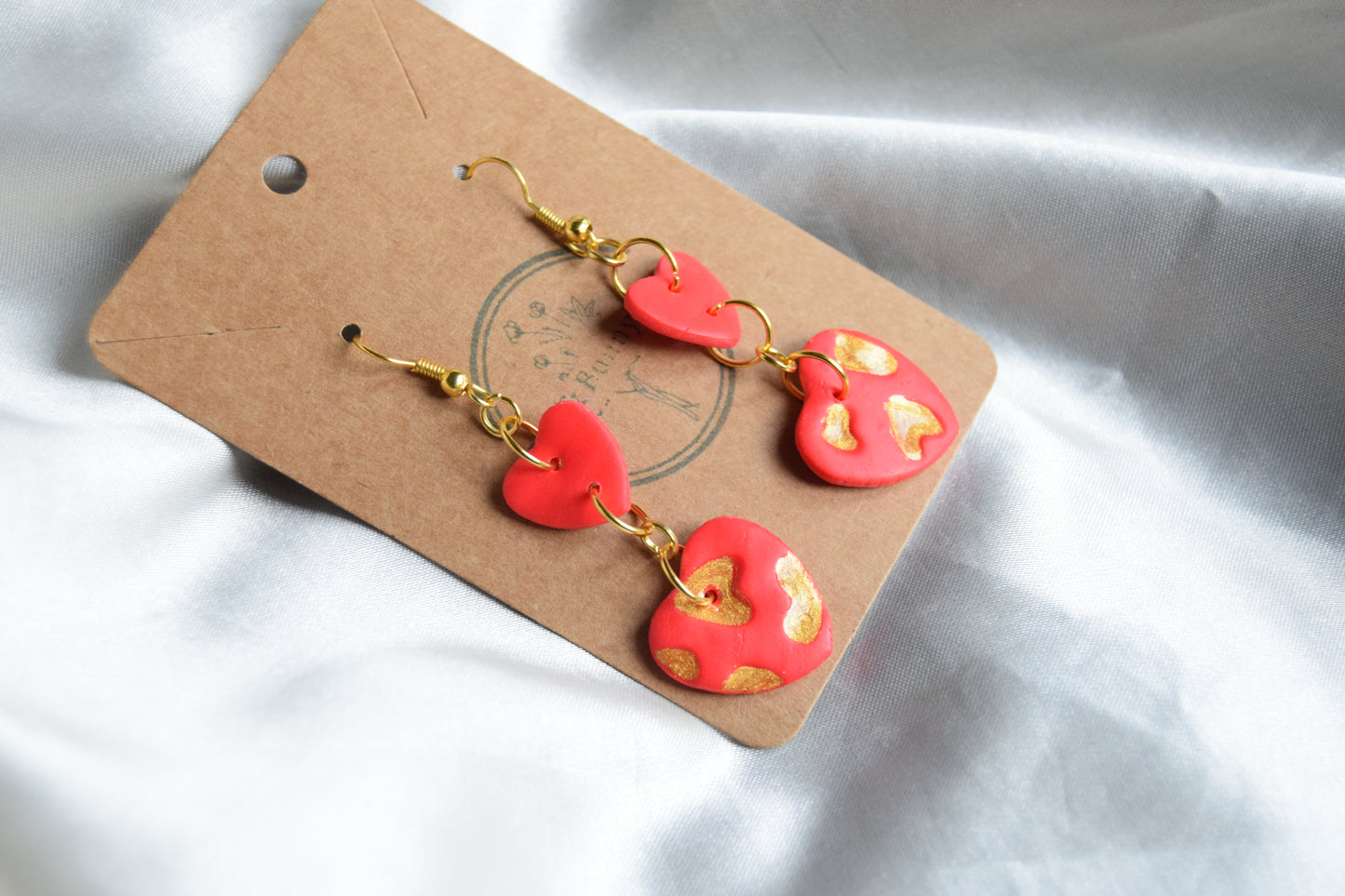 Polymer Clay Gold Glitter and Red Heart Dangling Earrings