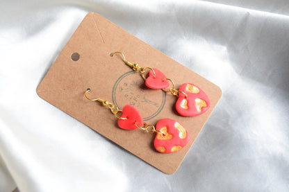 Polymer Clay Gold Glitter and Red Heart Dangling Earrings