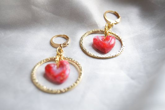 Polymer Clay Marble Red Heart and Gold Metal Circle Dangling Earrings