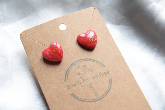 Polymer Clay Red Marble Heart Studs with Gold Flakes