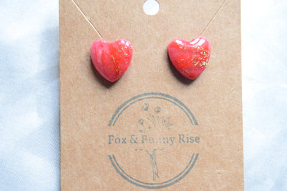 Polymer Clay Red Marble Heart Studs with Gold Flakes