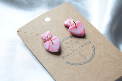 Polymer Clay Pink and White Swirl Dangling Heart Studs