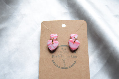 Polymer Clay Pink and White Swirl Dangling Heart Studs
