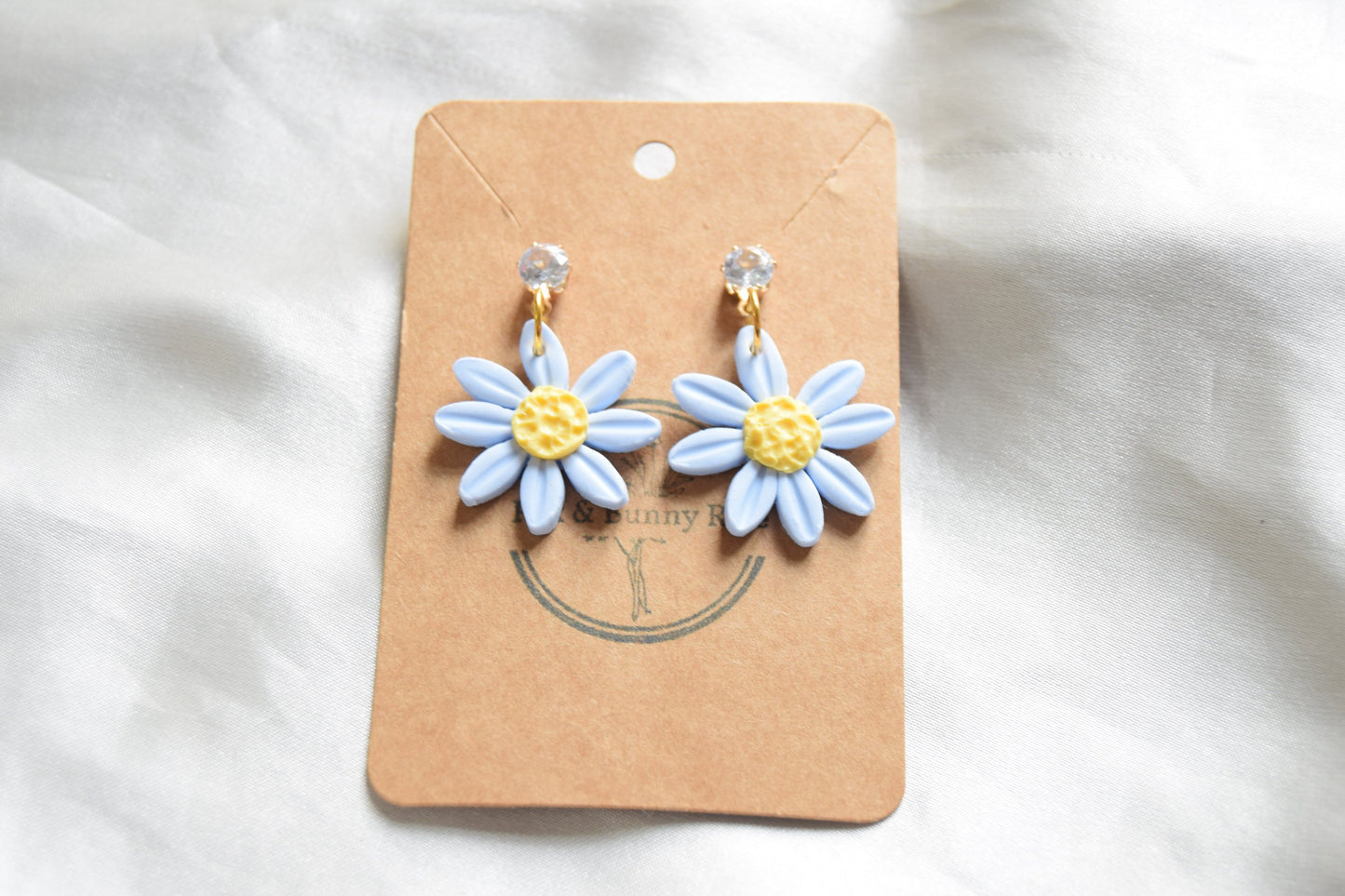 Polymer Clay Pastel Blue Daisy Dangles with Cubic Zirconia