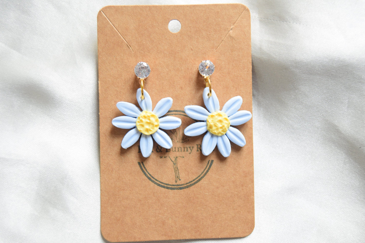 Polymer Clay Pastel Blue Daisy Dangles with Cubic Zirconia
