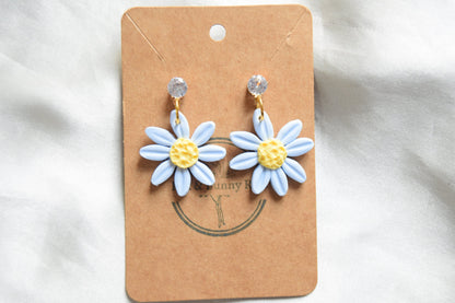 Polymer Clay Pastel Blue Daisy Dangles with Cubic Zirconia