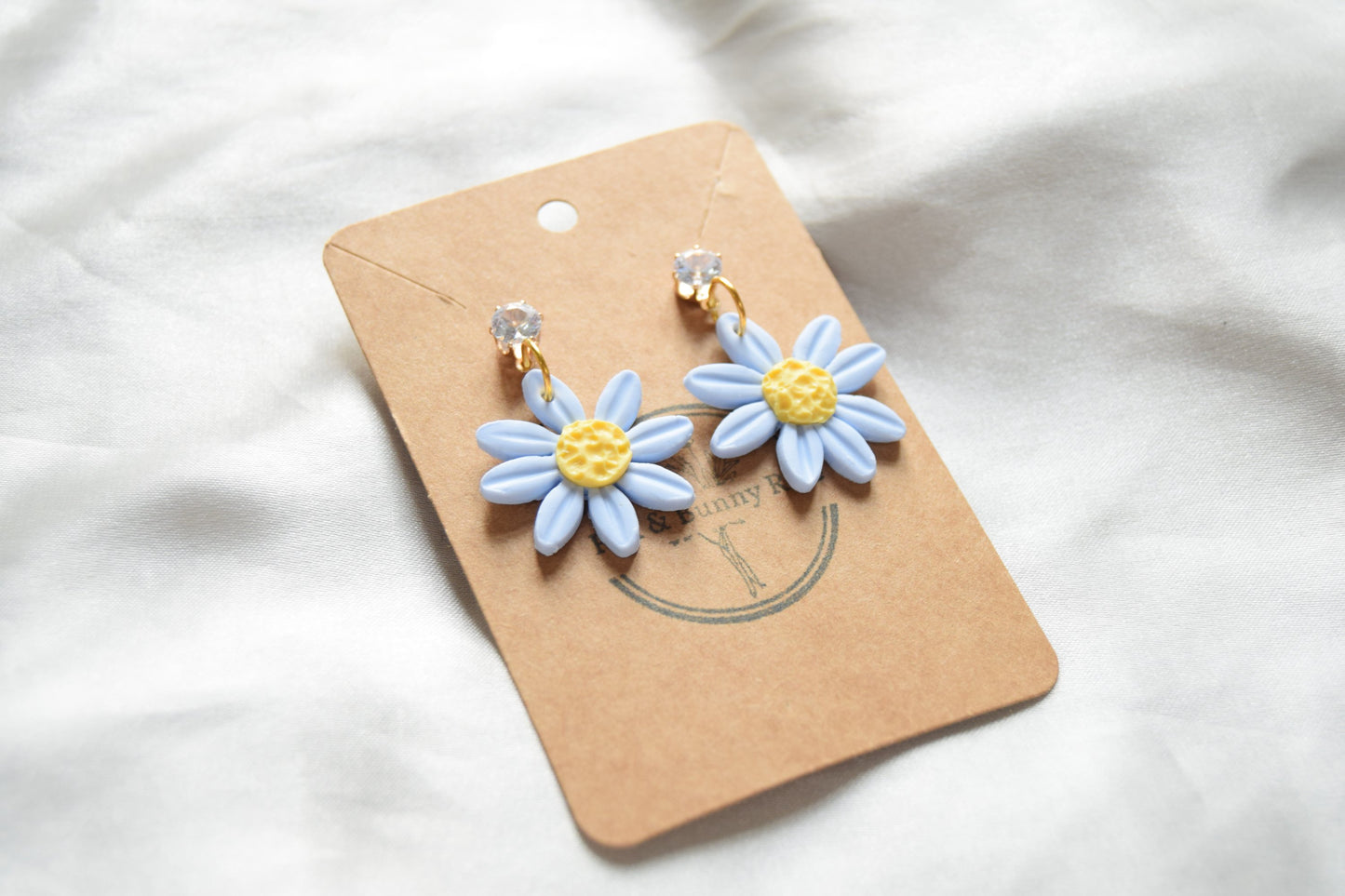 Polymer Clay Pastel Blue Daisy Dangles with Cubic Zirconia