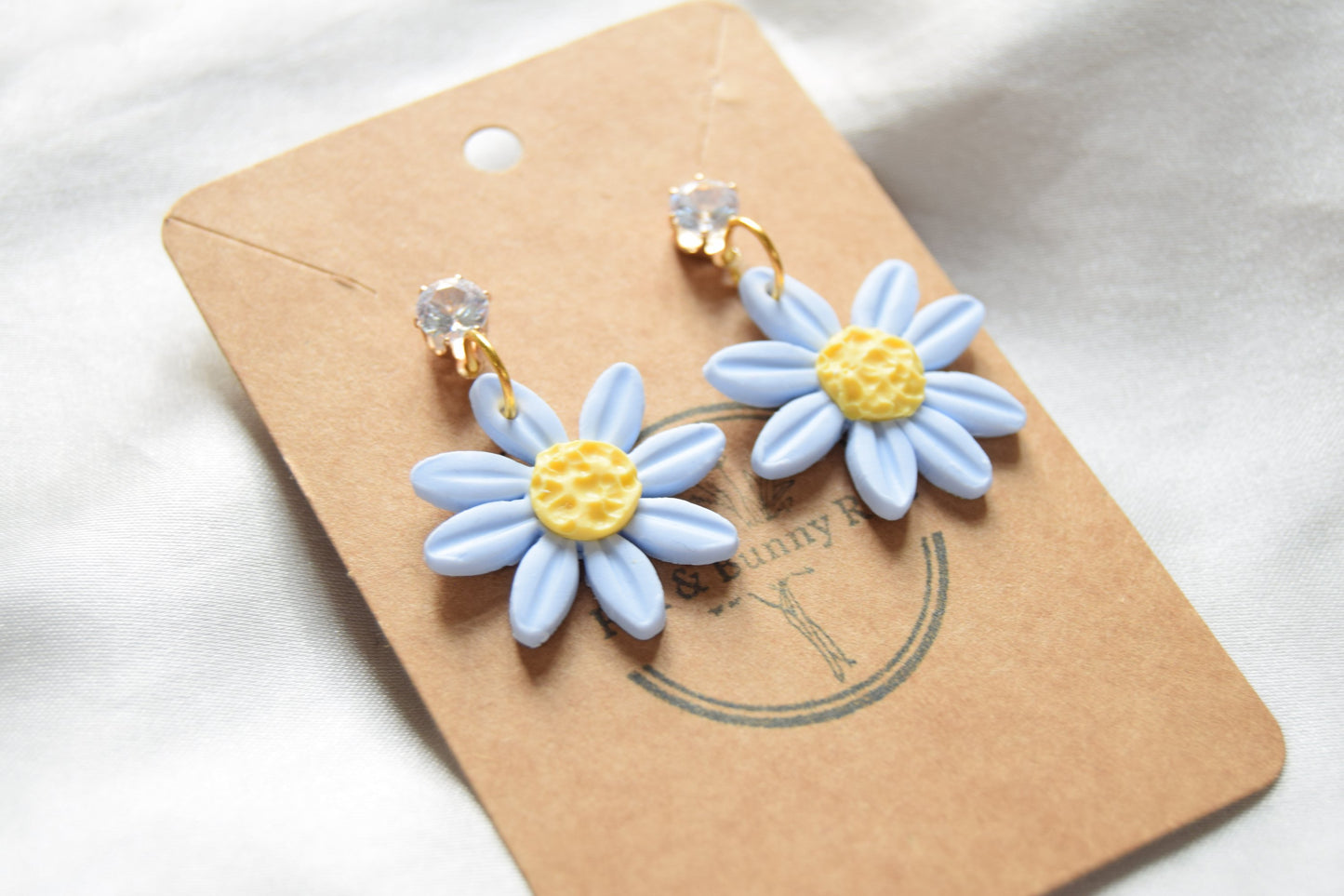 Polymer Clay Pastel Blue Daisy Dangles with Cubic Zirconia