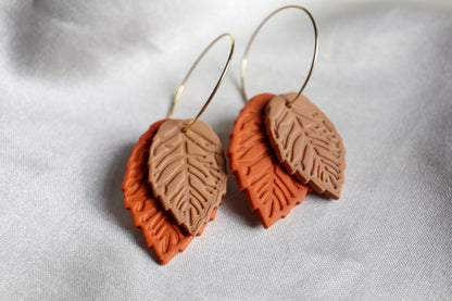 Polymer Clay Double Leaf Hoop Earrings - Orange and Brown
