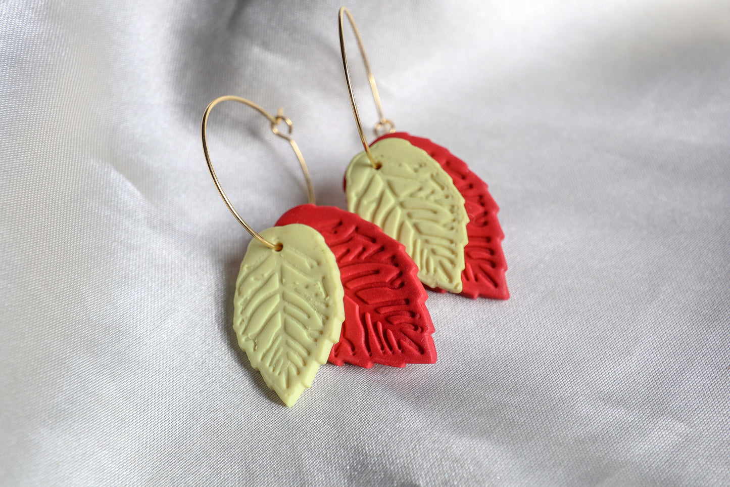 Polymer Clay Double Leaf Hoop Earrings - Red and Yellow