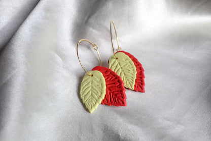 Polymer Clay Double Leaf Hoop Earrings - Red and Yellow