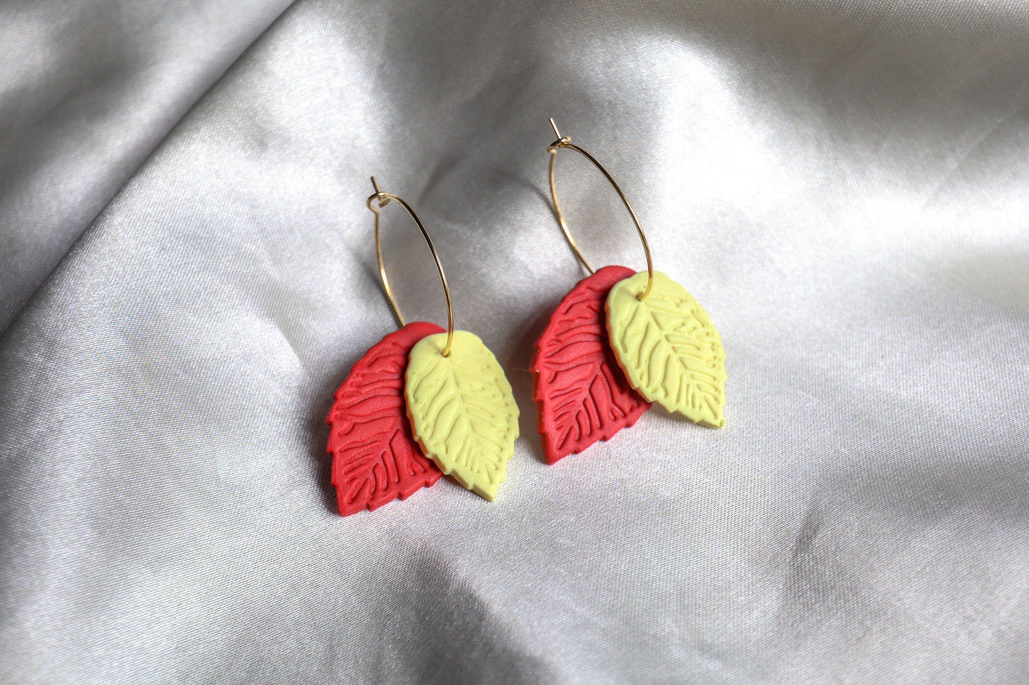 Polymer Clay Double Leaf Hoop Earrings - Red and Yellow