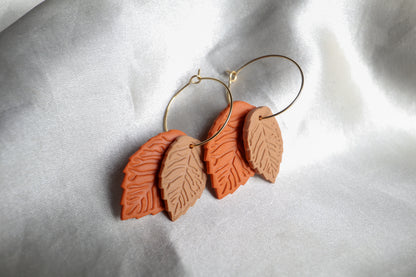 Polymer Clay Double Leaf Hoop Earrings - Orange and Brown