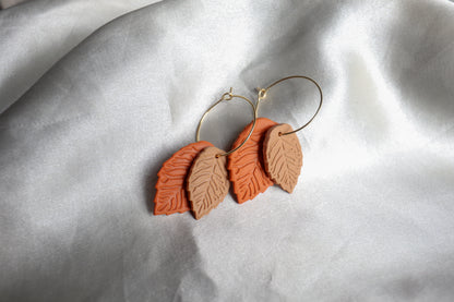 Polymer Clay Double Leaf Hoop Earrings - Orange and Brown